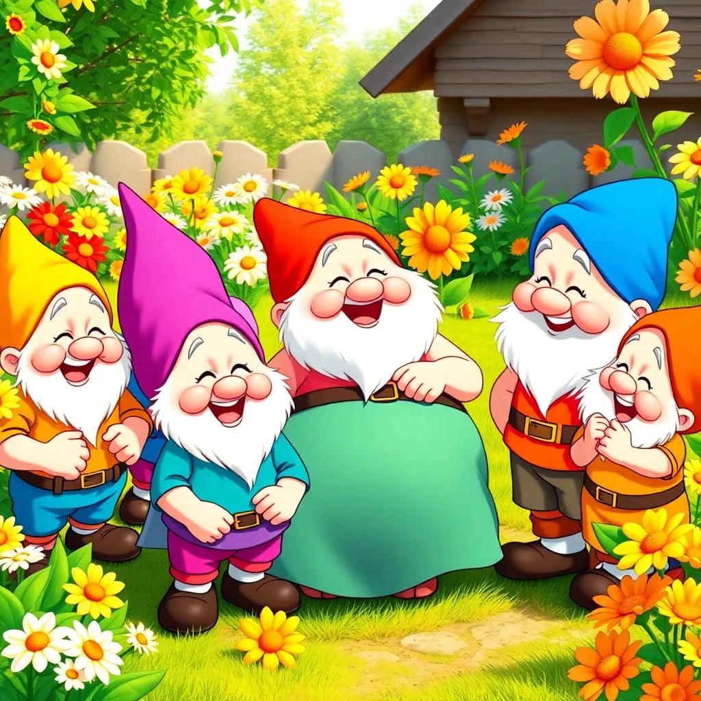 Seven cheerful dwarfs with different colorful outfits, laughing and playing in a sunny garden, surrounded by bright flowers, Fella smiling at them, illustration, colorful, joyful, lively scene, child-friendly