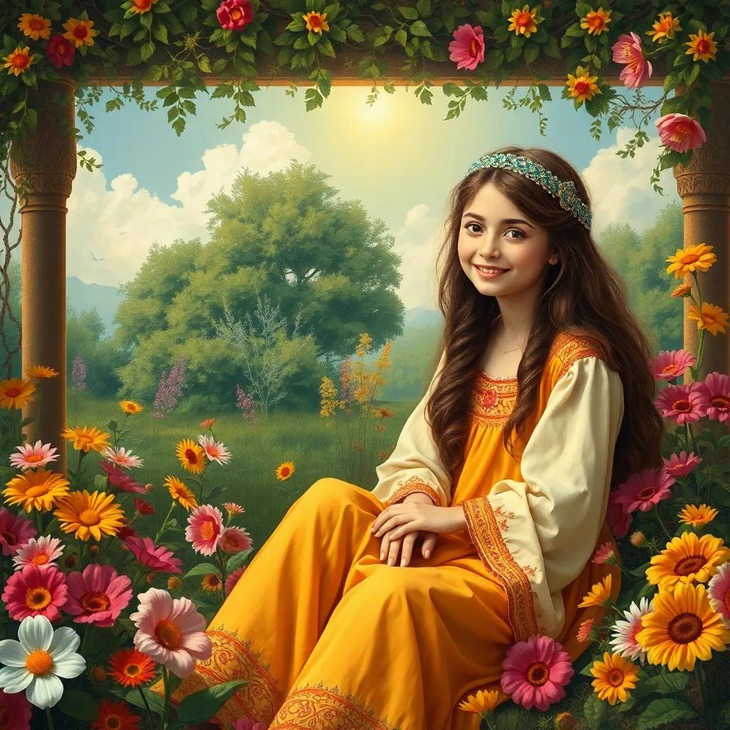 A young Arab girl, Fella, with long, flowing hair and a bright dress, sitting in her garden, surrounded by colorful flowers under a sunny sky, joyful atmosphere, high quality