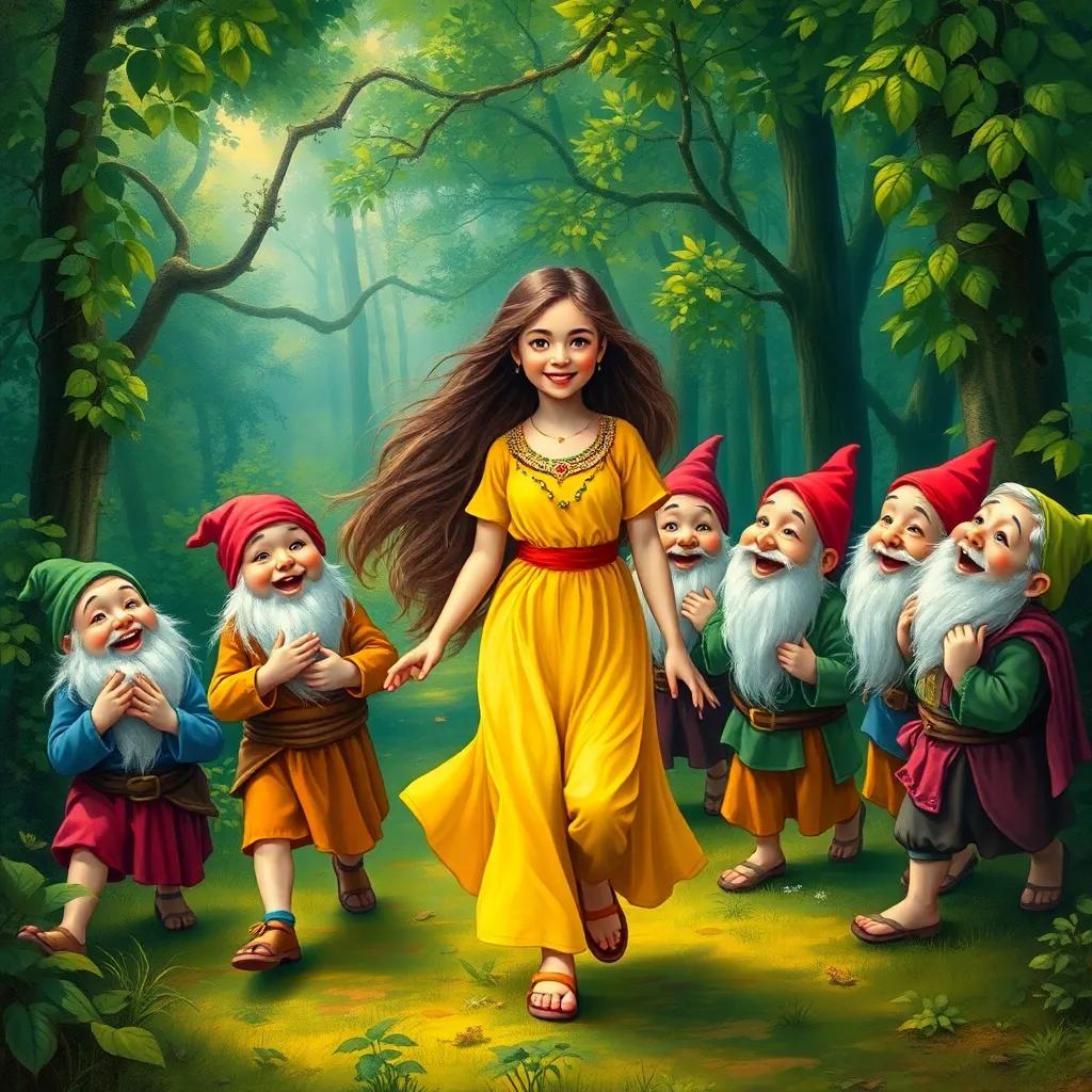 A young Arab girl, Fella, with long, flowing hair in a bright dress, walking joyfully with seven dwarfs in a lush green forest, all singing and laughing together, vibrant colors, magical ambiance, high quality