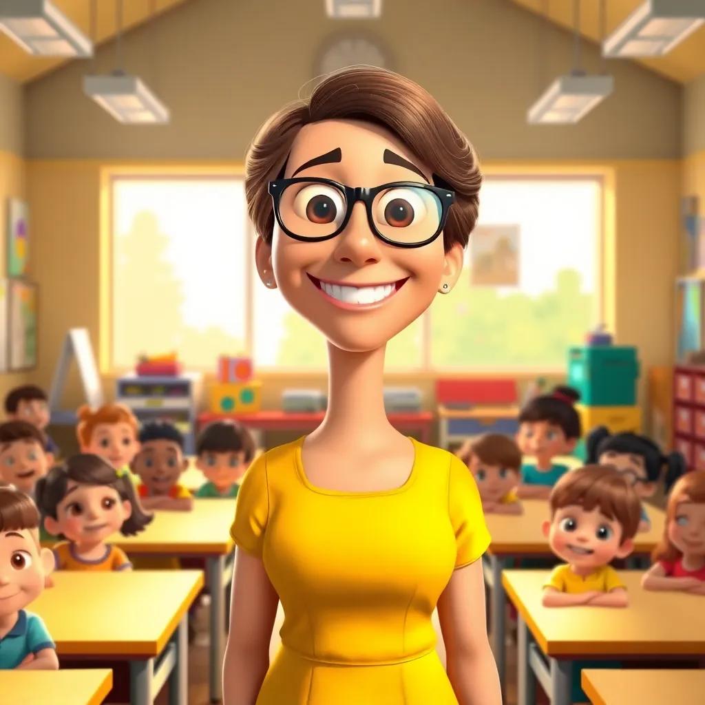 A cheerful teacher, Leila, with glasses and a bright dress, standing in a sunny classroom filled with children, colorful paintings on the walls, digital art, vibrant colors, inviting atmosphere, high quality