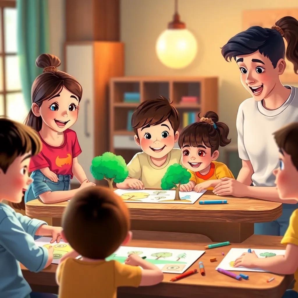 A group of happy students teaching younger kids how to draw trees, colorful drawings on the tables, the teacher watching them with joy, warm light, cheerful colors, storytelling scene, child-friendly