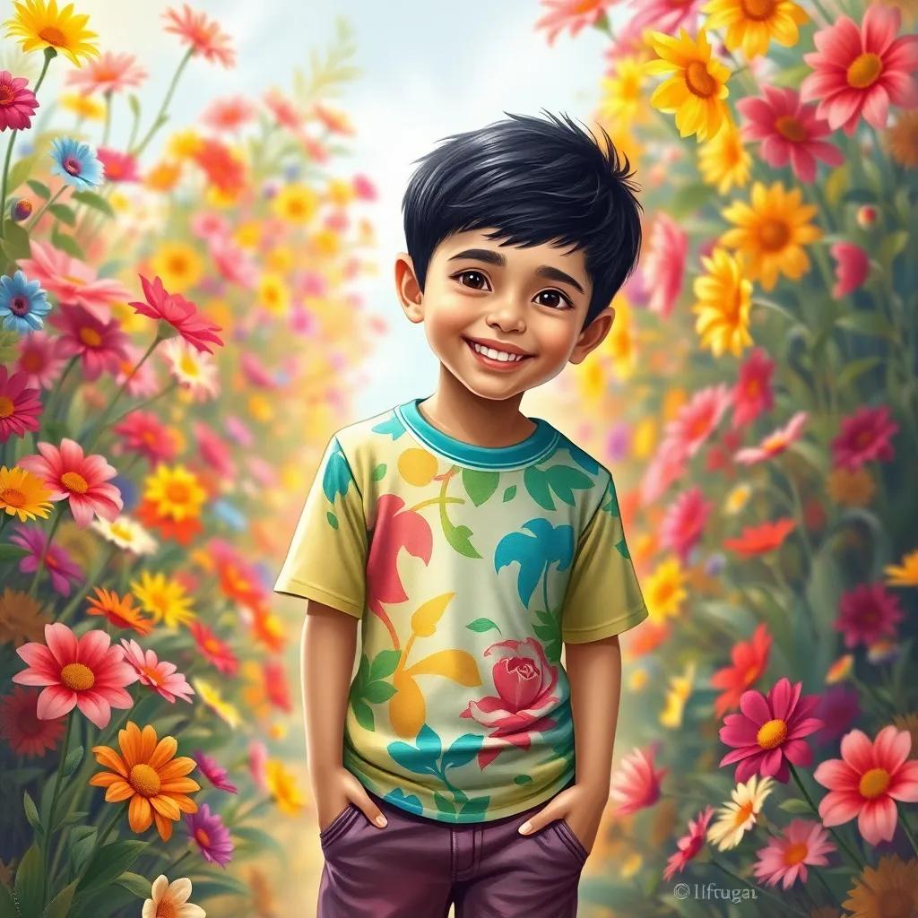 A young Arab boy, Sami, with short black hair, wearing a colorful t-shirt and shorts, standing in a vibrant flower garden, smiling with a carefree expression, surrounded by colorful flowers dancing in the wind, digital art, cheerful atmosphere, bright colors, child-friendly, high quality