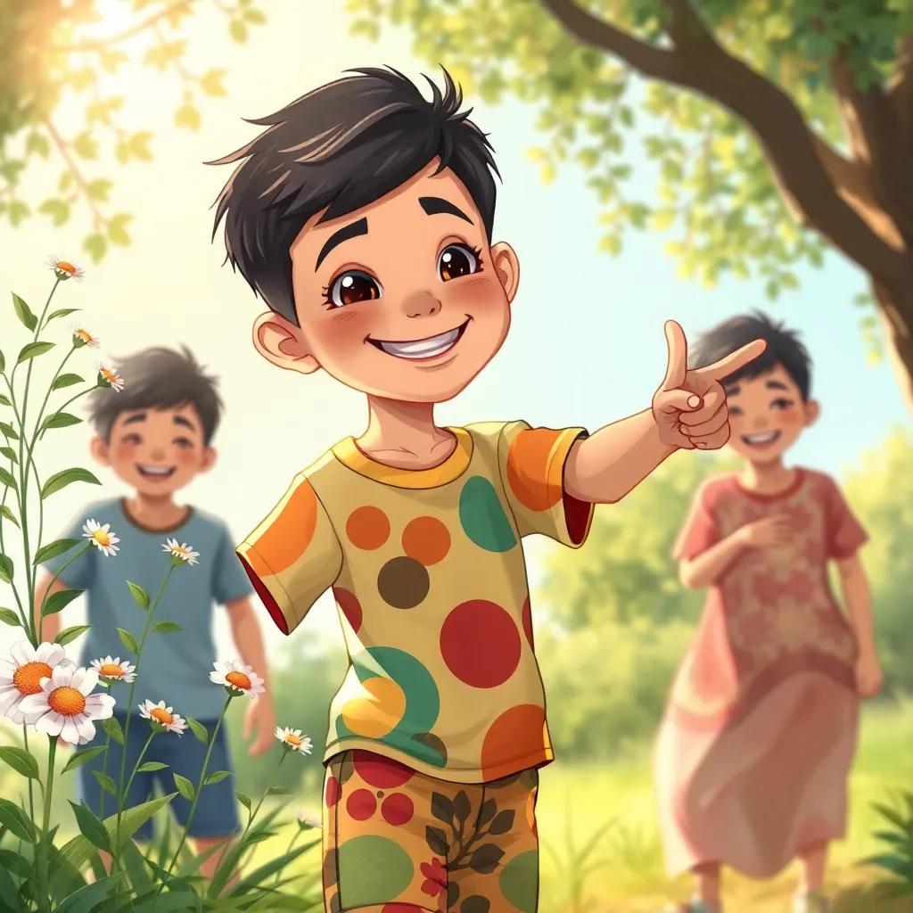 Sami, a young Arab boy, with short black hair, wearing a colorful t-shirt and shorts, joyfully pointing at flowers, with friends giggling nearby, soft sunlight filtering through the branches of nearby trees, illustration, playful, warm light, fun-filled scene, high quality