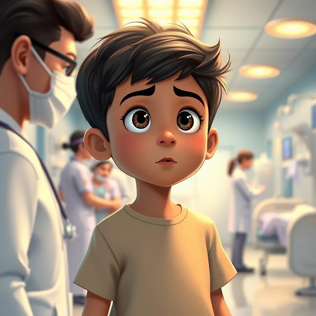 A young Arabic boy, Fahd, with curious eyes wearing a simple t-shirt, observing doctors at a local hospital, watching nursing staff helping patients, warm and inviting light, busy hospital background, illustration, heartwarming, high quality