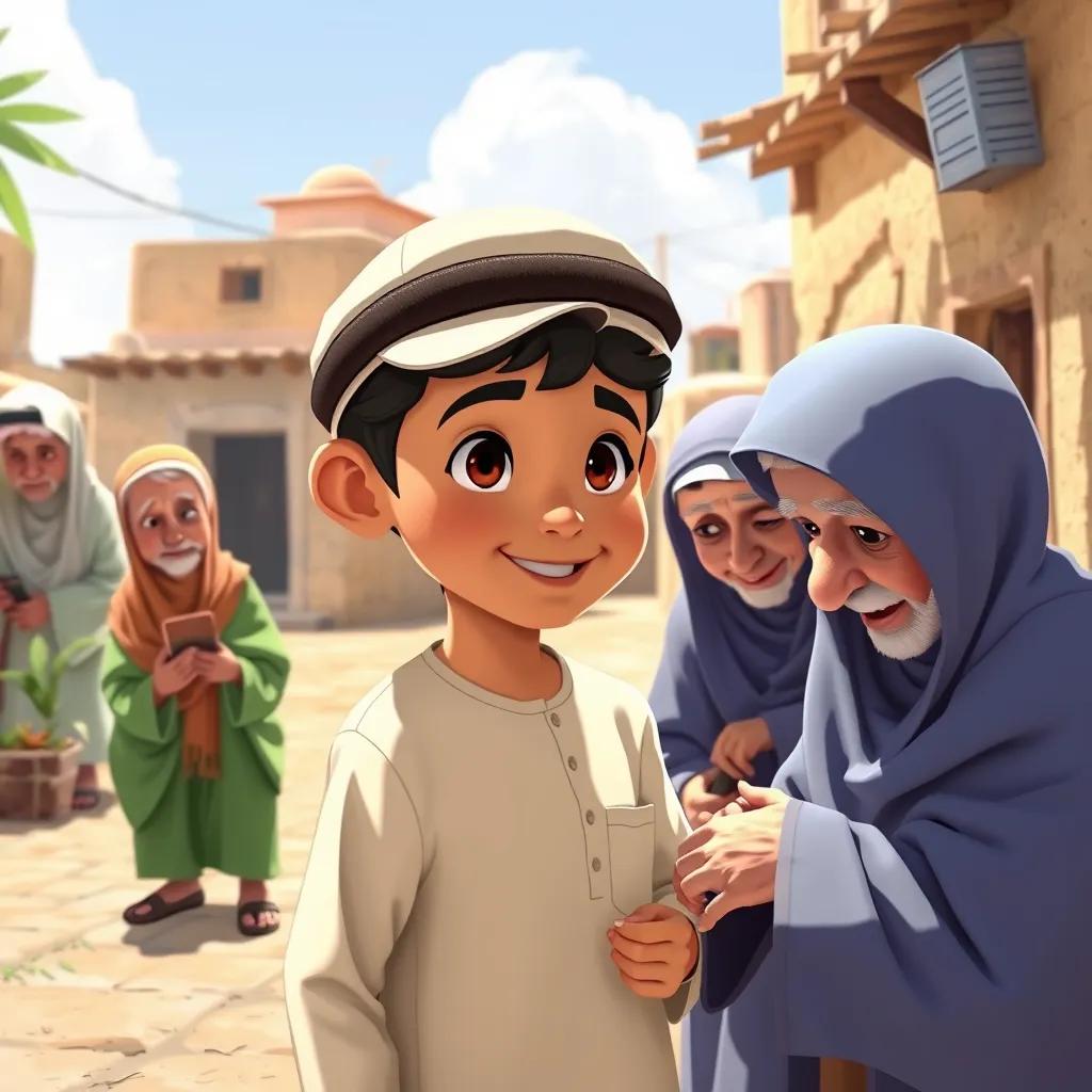 A young Arabic boy, Fahd, wearing a cap, visiting elderly villagers, helping them with daily tasks, listening to their stories, in a sunny village setting, detailed illustration, cheerful and bright colors, high quality