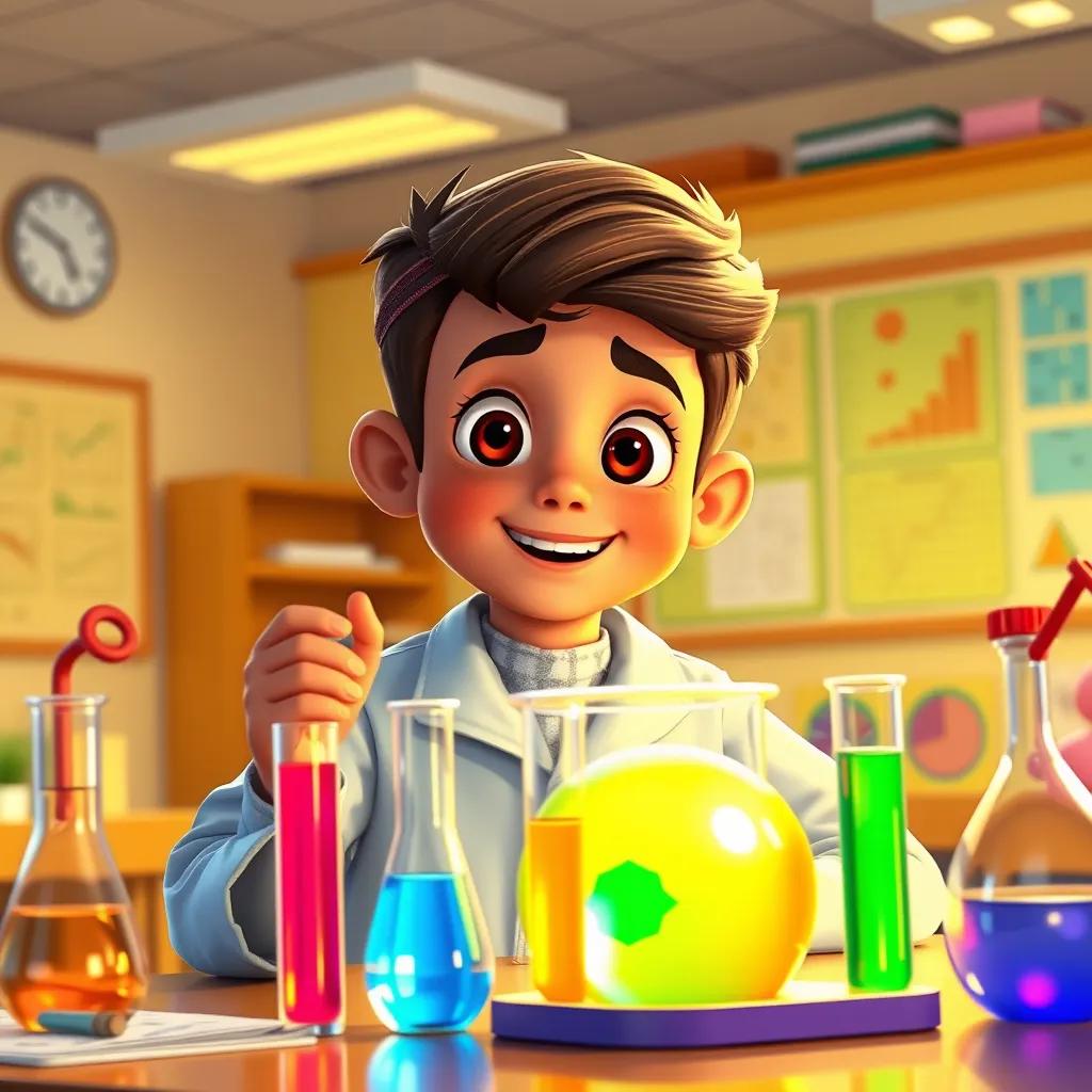 A young Arabic boy, Fahd, in a science club, engaged in a fun science experiment, colorful test tubes and charts around, enthusiastic expression, bright classroom, digital art, vibrant colors, inspiring atmosphere, high quality