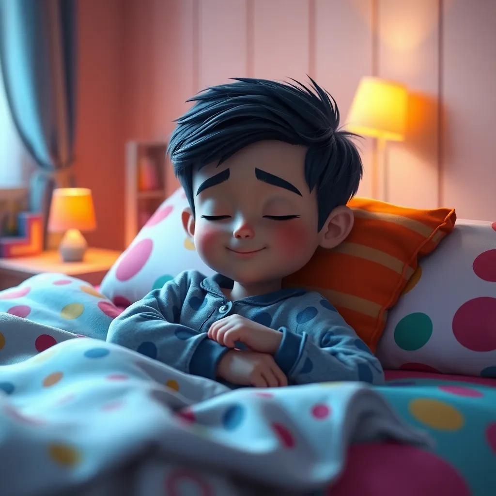 A boy named Fahd, with short black hair, wearing pajamas, sleepy, lying on a colorful bed in a cozy bedroom, digital art, warm colors, inviting atmosphere, high quality