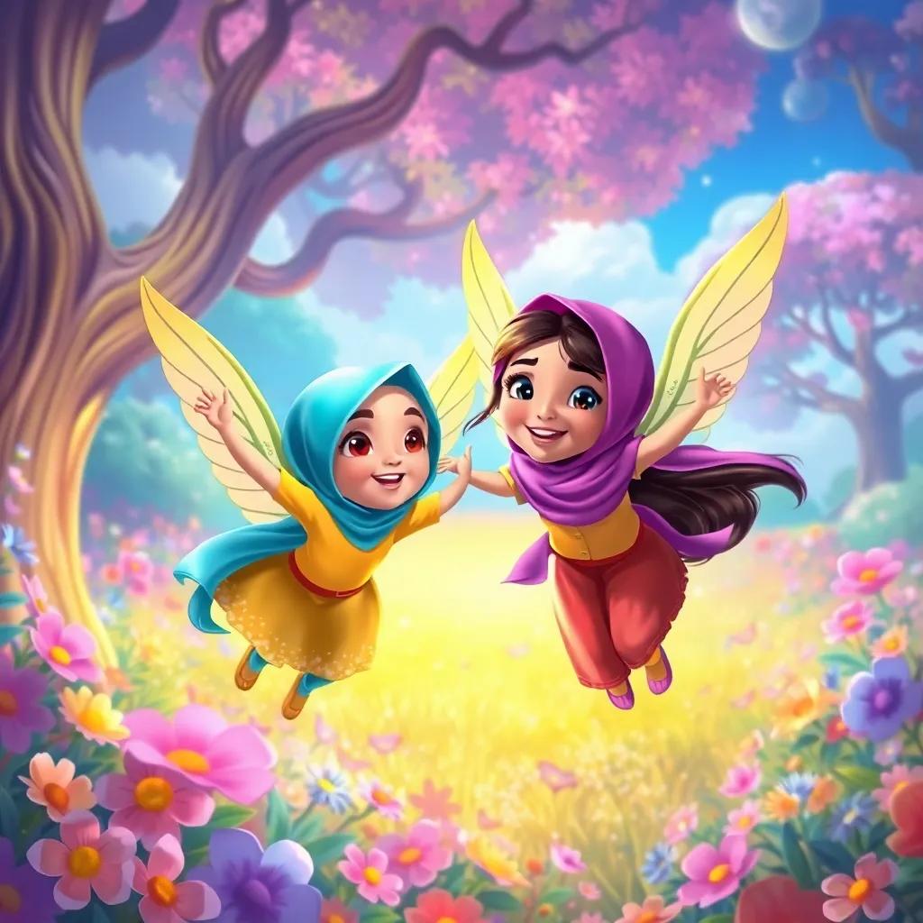 Two beautiful girls, Huda and Salma, with bright wings, cheerful expressions, flying into a magical world filled with colorful flowers and large trees, digital painting, vibrant colors, whimsical atmosphere, high quality