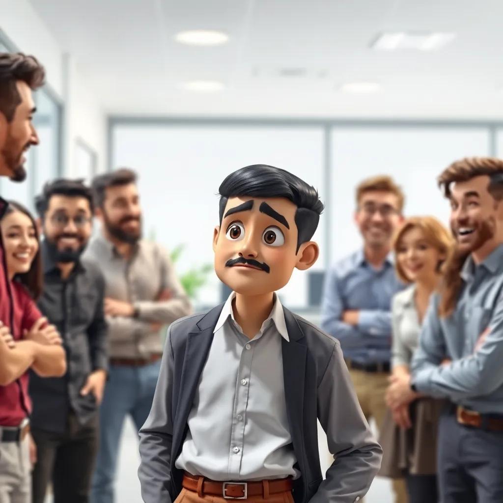 A young Arab man, Fahd, with short black hair, wearing a smart shirt and trousers, looking confused with a group of friends laughing in the office, digital art, bright colors, cheerful atmosphere, high quality