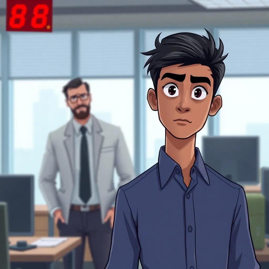 A young Arab man, Fahd, with short black hair, wearing a smart shirt, standing with a serious expression in front of his boss, who is looking stern, in an office setting, illustration, dramatic, tense atmosphere, high quality