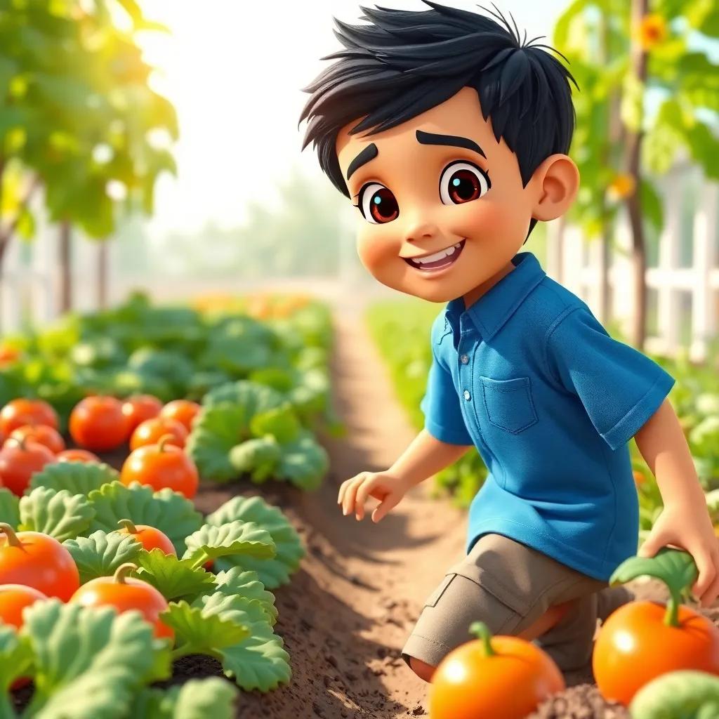 A young Arab boy, Sami, with short black hair wearing a blue shirt and shorts, playing in a garden filled with vegetables, cheerful atmosphere, sunny, vibrant colors, playful perspective, digital art, high quality