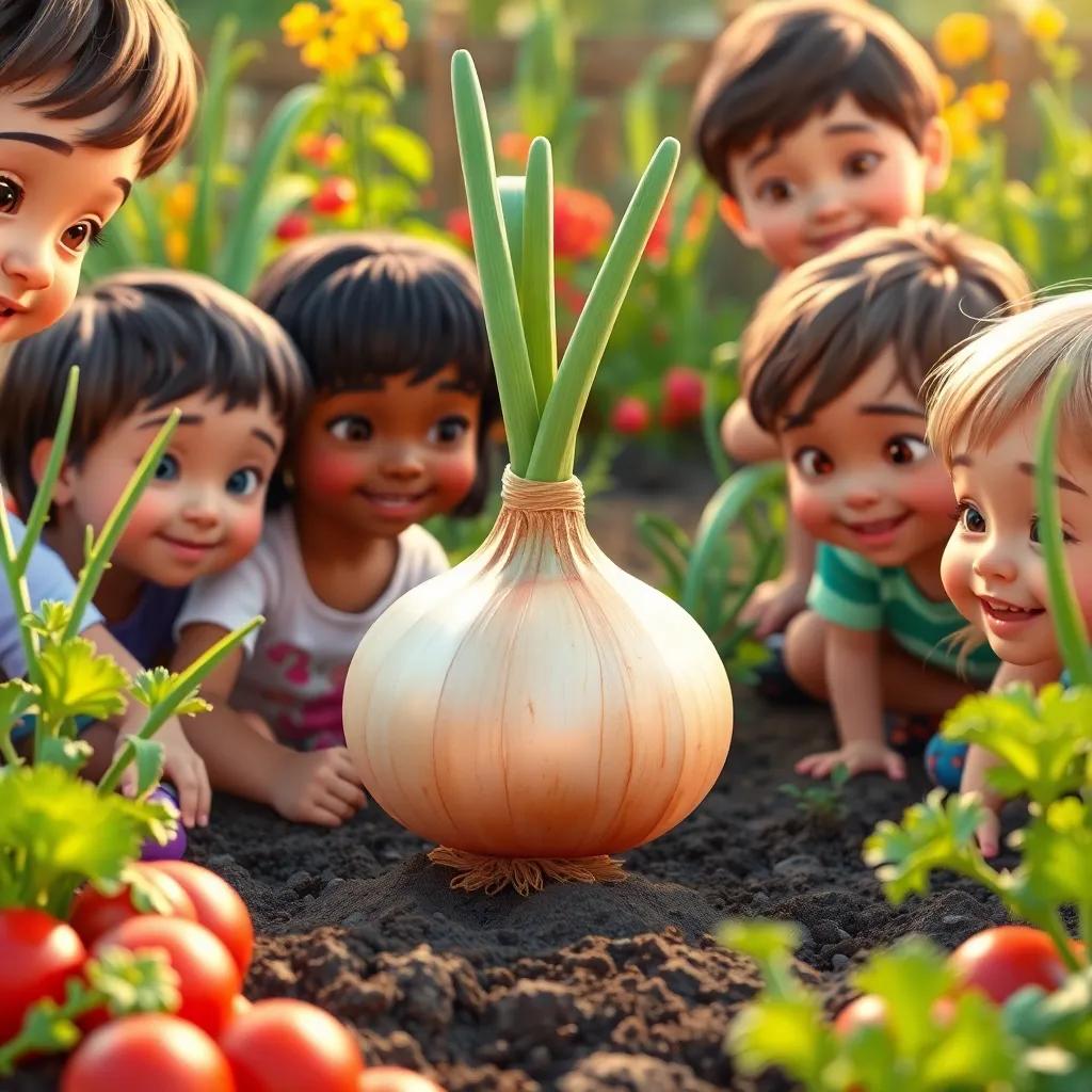 A group of children in a garden, exploring vegetables, with a focus on a fresh onion in the center, happy expressions, warm daylight, colorful surroundings, joyful scene, illustration, engaging view