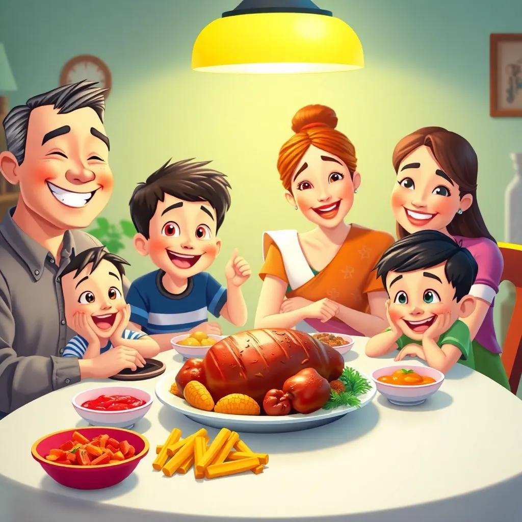 A joyful family sitting around a dining table with a delicious meat dish, a father with a warm smile, a curious son and daughter, a cheerful mother, colorful table setting, inviting atmosphere, family bonding, digital art, bright colors, cheerful mood, high quality