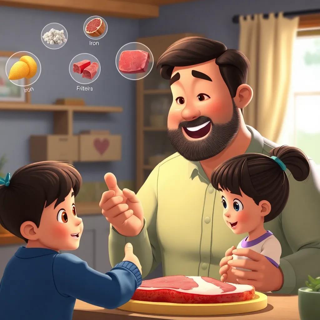 A father explaining the benefits of meat to his children, with visuals of nutrients like proteins and iron appearing in the air, the son looking curious and the daughter asking questions, educational scene, friendly atmosphere, digital art, vibrant colors, engaging layout, high quality