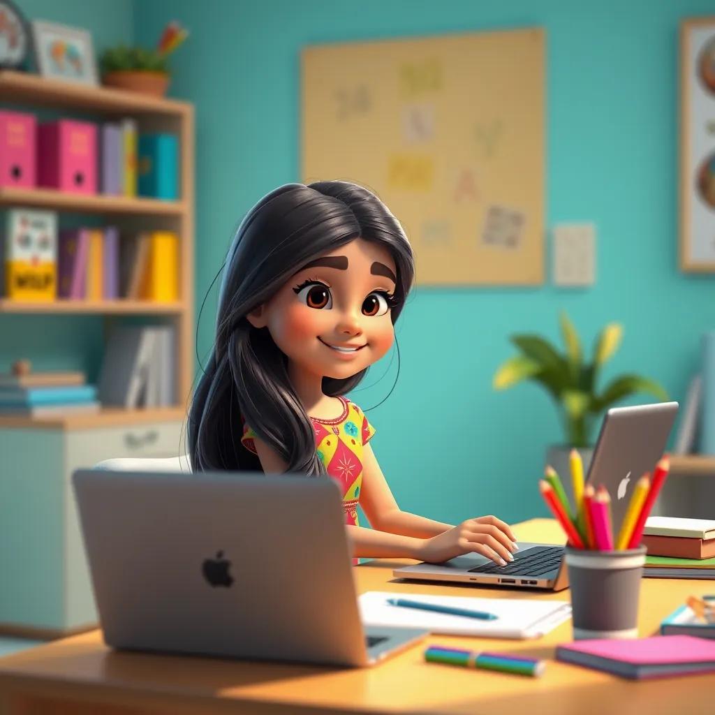A young Arab girl, Leila, with long dark hair, wearing a colorful dress, sitting at a desk with a laptop and colorful stationery, in a bright room, digital art, cheerful, vibrant atmosphere, high quality