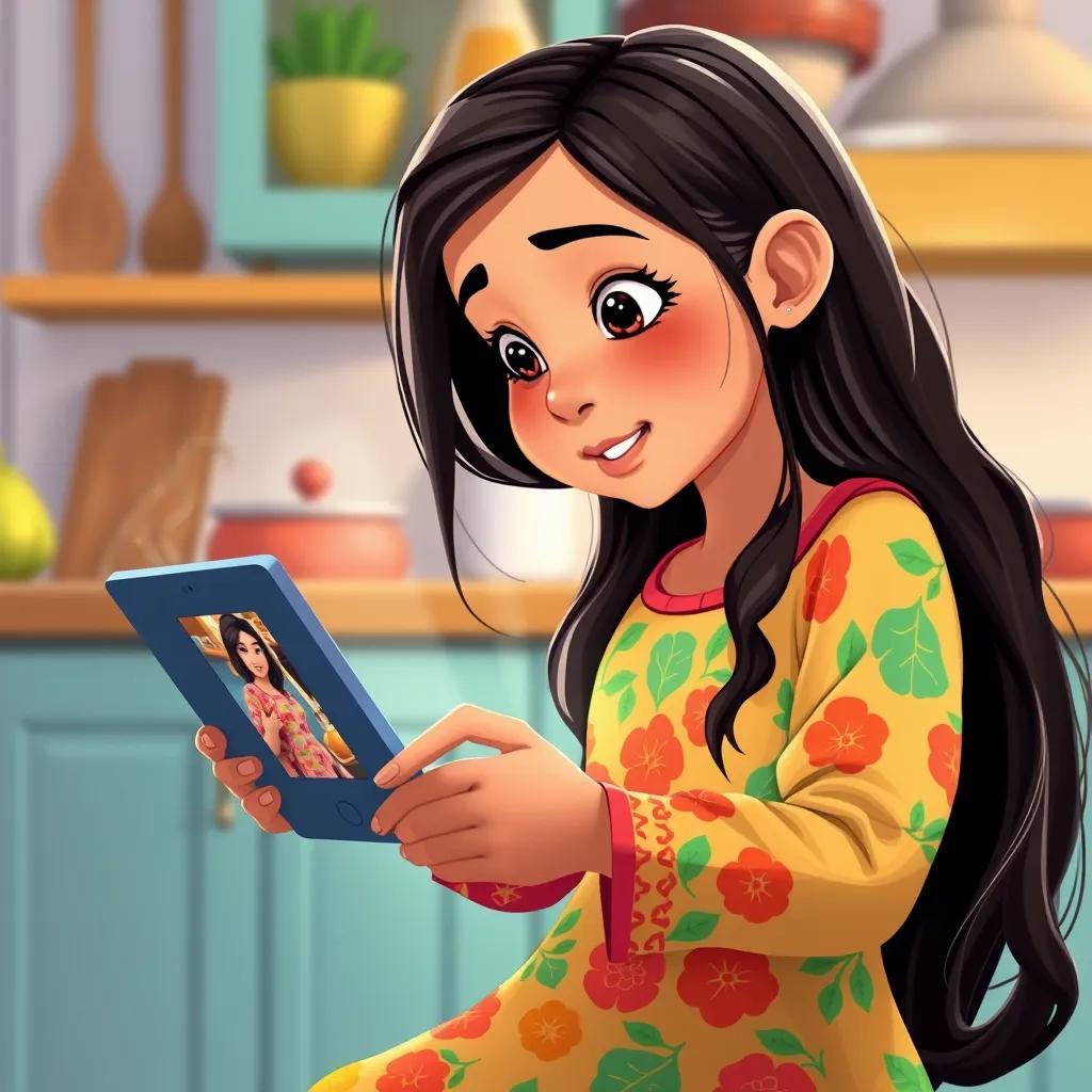 Leila, a young Arab girl, with long dark hair, wearing a colorful dress, watching cooking videos on her tablet with curiosity, bright kitchen background, illustration, lively colors, warm light