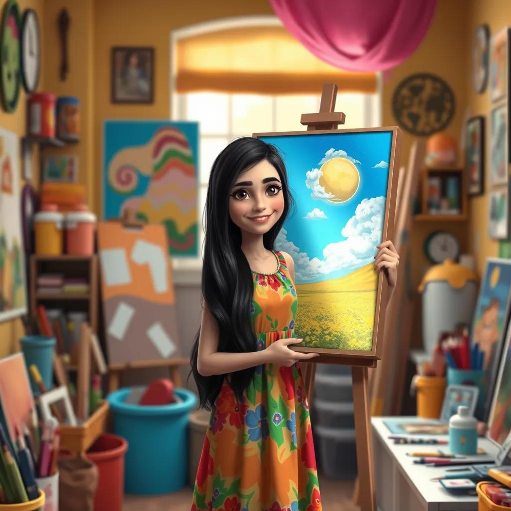 Leila, a young Arab girl, with long dark hair, wearing a colorful dress, proudly displaying her beautiful painting on social media, surrounded by art supplies, bright and colorful room, digital painting, cheerful vibe, detailed