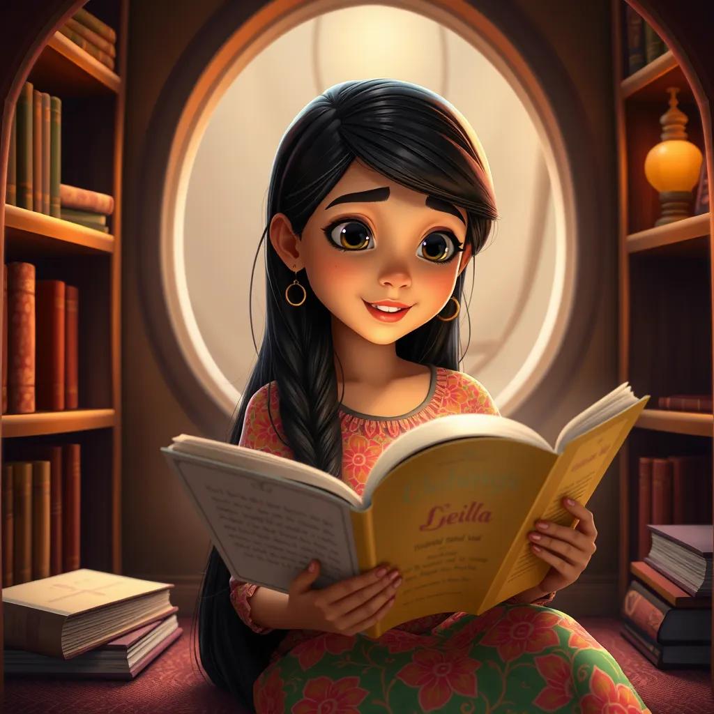 Leila, a young Arab girl, with long dark hair, wearing a colorful dress, reading a book about different cultures with wonder, cozy reading nook with shelves, warm lighting, inviting atmosphere, high quality