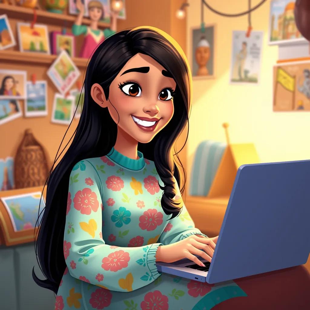 Leila, a young Arab girl, with long dark hair, wearing a colorful dress, smiling and chatting with friends on her laptop, surrounded by postcards and souvenirs, bright and friendly ambiance, digital art, heartwarming scene