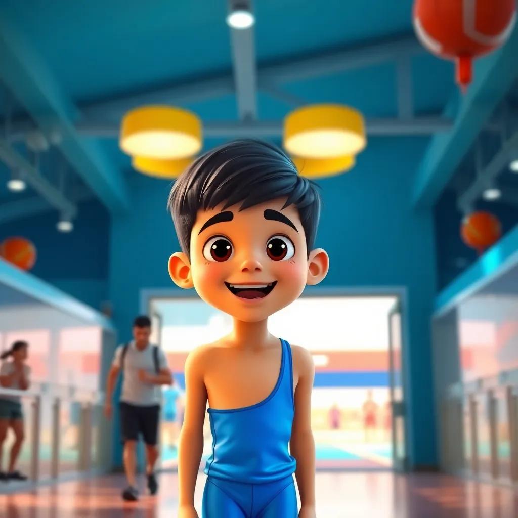 A young Arab boy, Fawaz, with short black hair, wearing a bright blue swimming suit, entering a sports club with his father, cheerful and excited atmosphere, digital art, vibrant colors, child-friendly