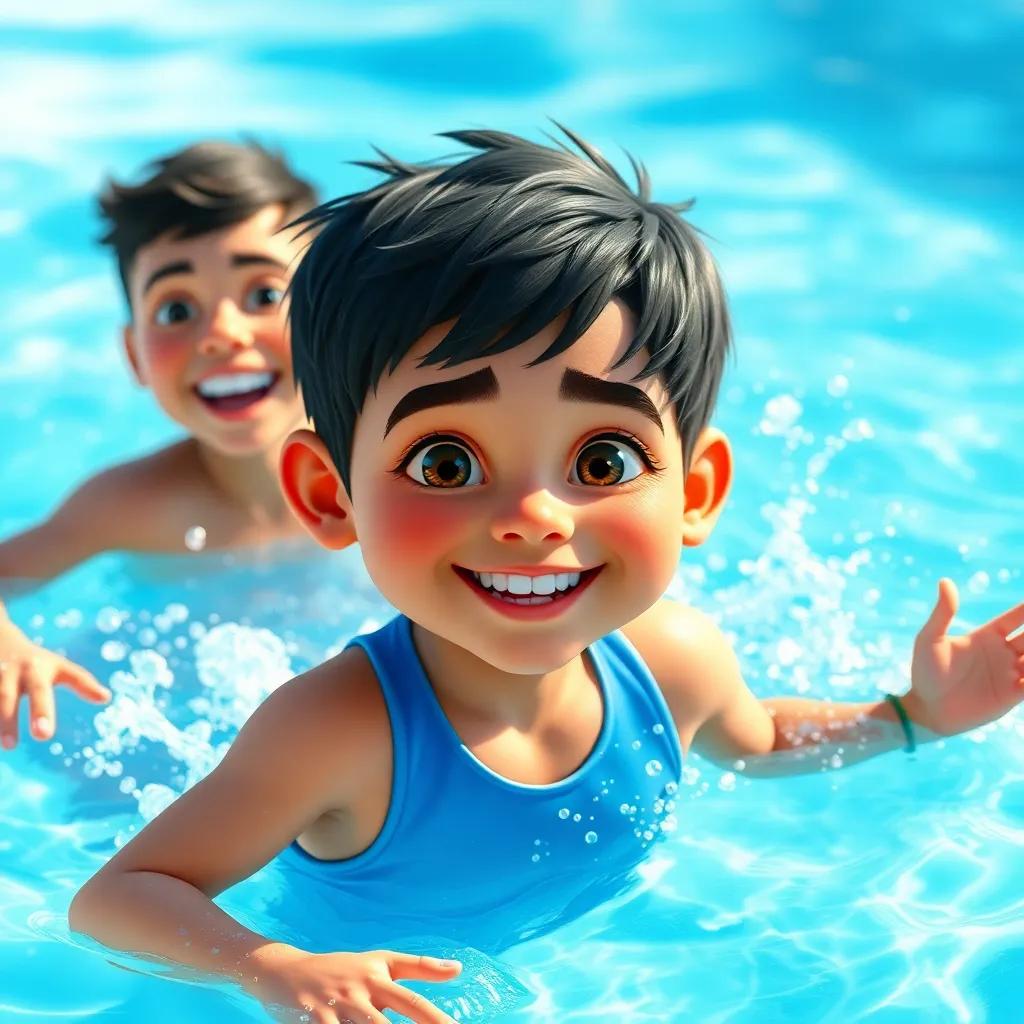 Fawaz, a young Arab boy with short black hair wearing a bright blue swimming suit, swimming in a pool with his friend, splashing water around energetically, joyful scene, bright sunlight, smiling faces, children having fun