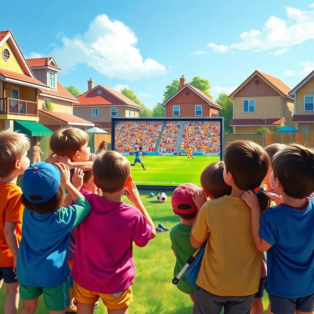 A group of excited children gathered around a big screen, watching a football match with vibrant expressions, wearing colorful clothes, outdoors in a sunny neighborhood, digital art, bright colors, joyful atmosphere, high quality
