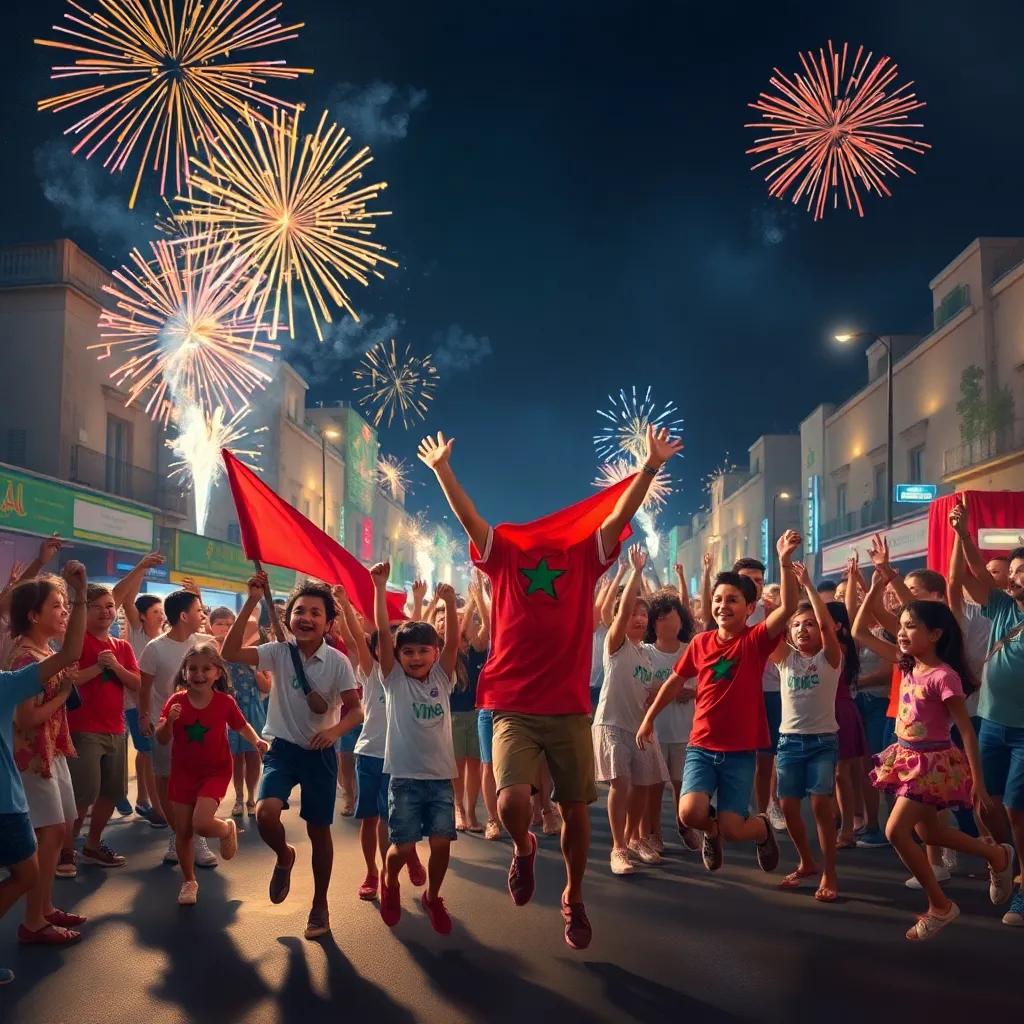 A joyful celebration in the street after Morocco's victory, children dancing and jumping with happiness, fireworks lighting up the night sky, vivid colors, festive scene, lively and cheerful atmosphere, high quality