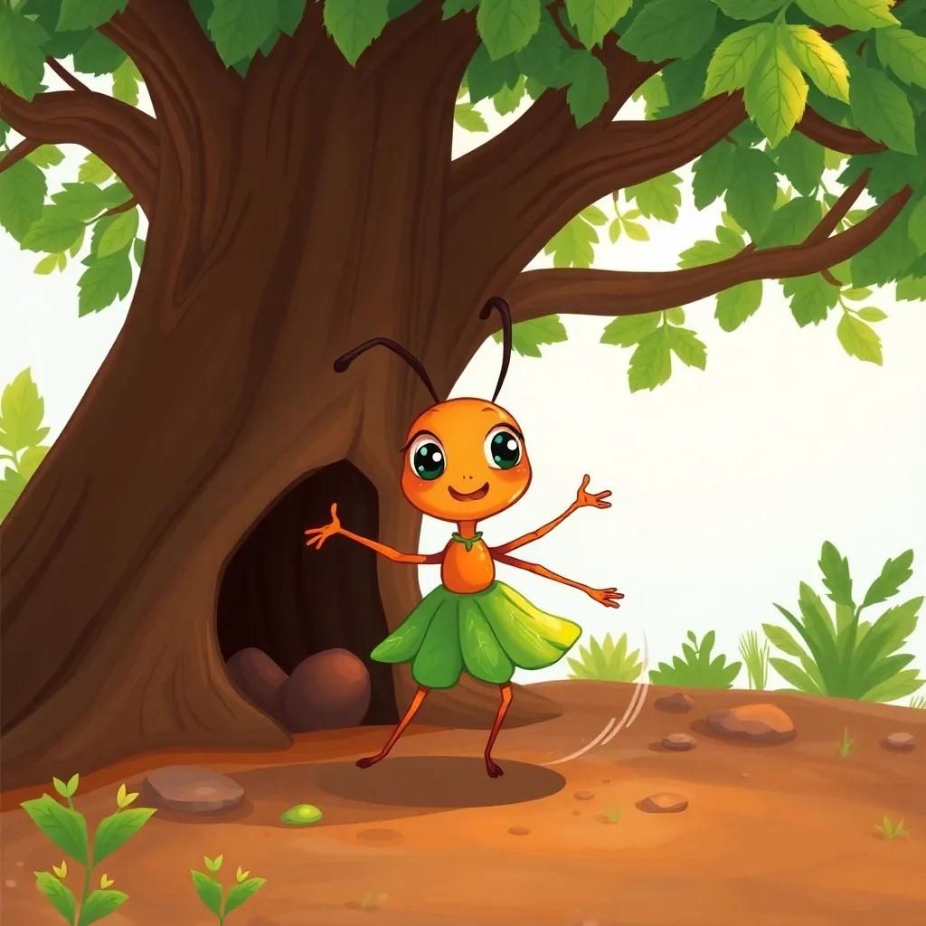 A small ant named Fufu, a lively little ant with bright eyes, wearing a tiny leaf dress, excitedly leaving her cozy home under a big tree, swirling wind around her, illustrated in cheerful colors, warm sunlight, vibrant and engaging, high quality