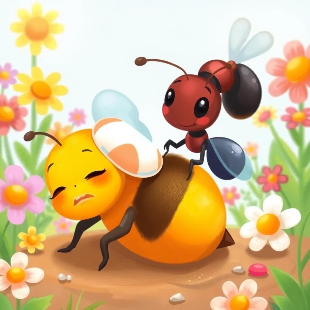 A little bee on the ground, with a bandaged wing, looking tired and in need of help, Fufu the ant gently approaching her, colorful flowers around, sunny atmosphere, friendly style, high quality