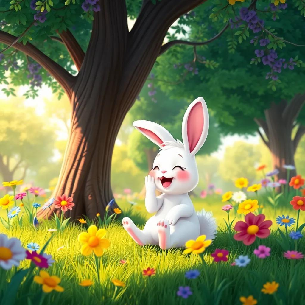 A small white rabbit, Fofu, with big ears and a fluffy tail, sitting under a tree in a sunny forest, excitedly talking to his friends, colorful flowers around, cheerful atmosphere, digital art, vibrant colors, child-friendly