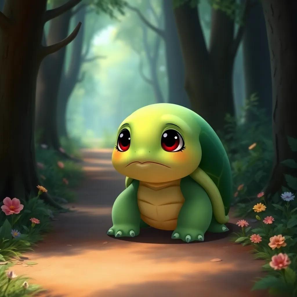 A sad turtle, Soso, with a green shell and big, innocent eyes, sitting alone on a path in the forest, looking disappointed, with trees and flowers around, soft colors, heartwarming scene, digital painting