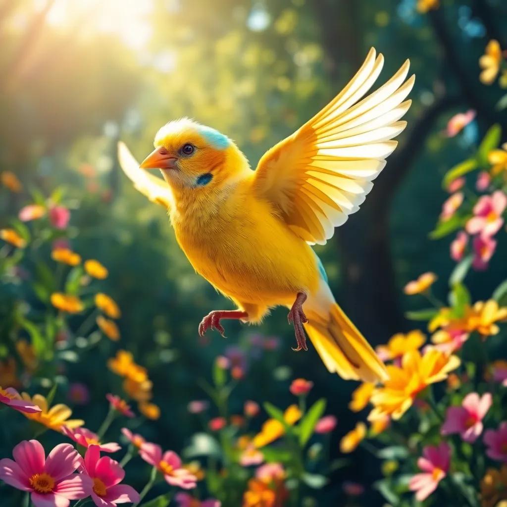 A beautiful canary, Fufu, with shiny golden and sky blue feathers, flying through a lush green forest filled with colorful flowers, digital art, bright sunlight, vibrant colors, cheerful atmosphere, high quality