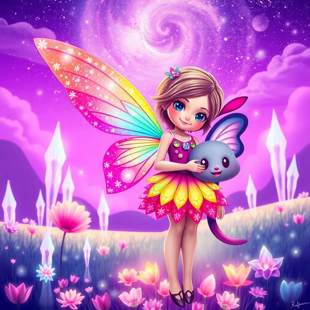 A fairy named Lina, with sparkling wings made of rainbow colors, wearing a dress made of flower petals, standing next to Fufu in a magical land with a purple sky and crystal trees, illustration, enchanting scene, fantasy-themed, child-friendly