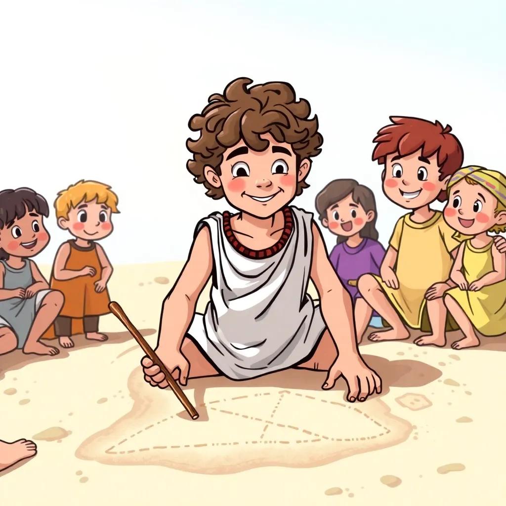 A young Greek boy, Pythagoras, with curly hair wearing a tunic, drawing triangles in the sand with a stick, surrounded by curious friends, sunny day, playful atmosphere, colorful scene, digital art, cheerful and warm
