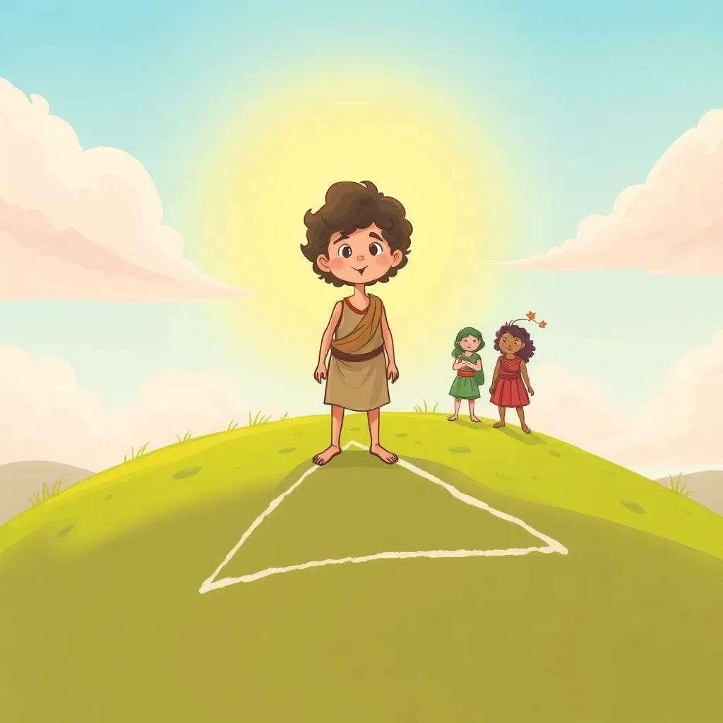 A young Greek boy, Pythagoras, with curly hair in a tunic, standing on a hill drawing a large triangle in the ground, friends looking amazed, bright sky, fun and adventurous, vibrant colors, lively composition, illustration