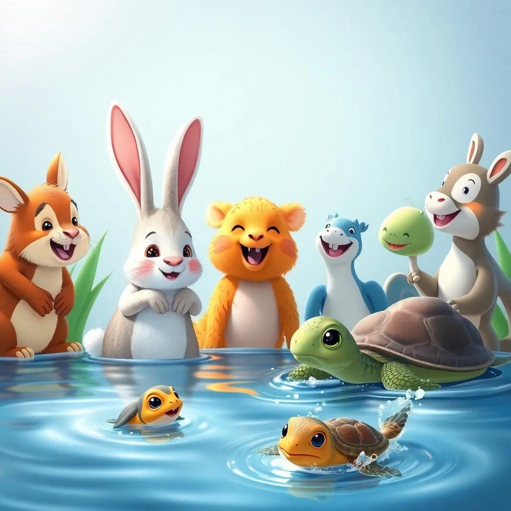 A playful rabbit asking the animals a question, with all the animals laughing together, including a turtle swimming and splashing water, bright light, fun and engaging scene, children's illustration