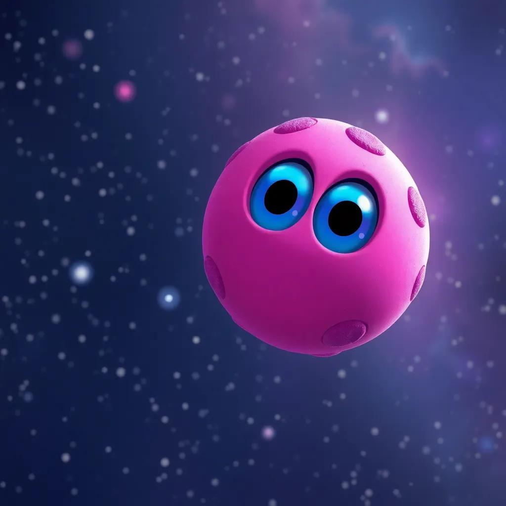 A small pink asteroid, Vista, with big bright eyes, looking curiously into the distance, floating in the starry space. Digital art, colorful, magical atmosphere, high quality