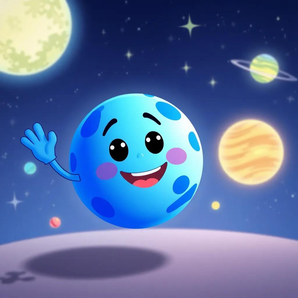 A blue asteroid, Sirius, with a friendly smile, waving at Vista, with twinkling stars and glowing planets in the background. Illustration, cheerful and inviting, vibrant colors