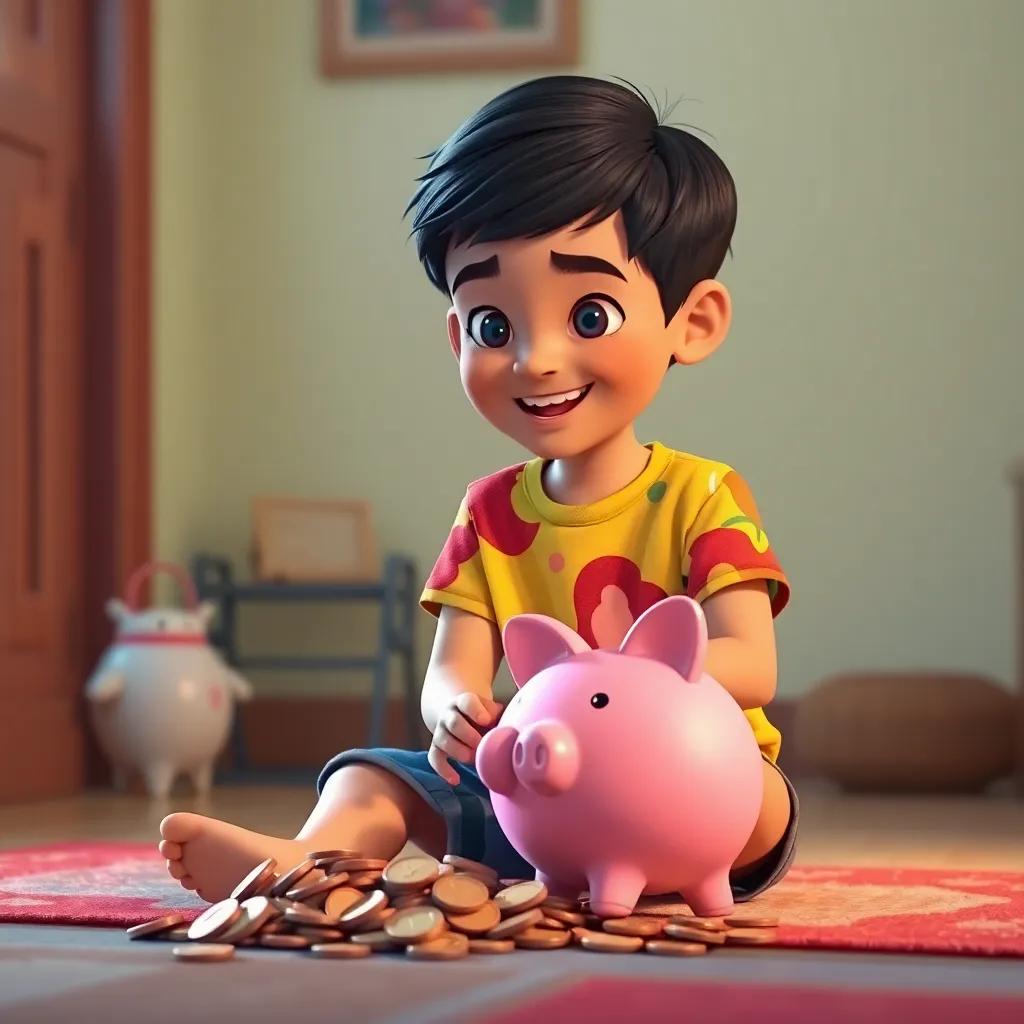 A young Arab boy, Faisal, with short black hair, wearing a colorful t-shirt and shorts, sitting on the floor counting coins from a piggy bank, joyful atmosphere, bright colors, child-friendly, digital art, detailed, warm lighting, inviting scene