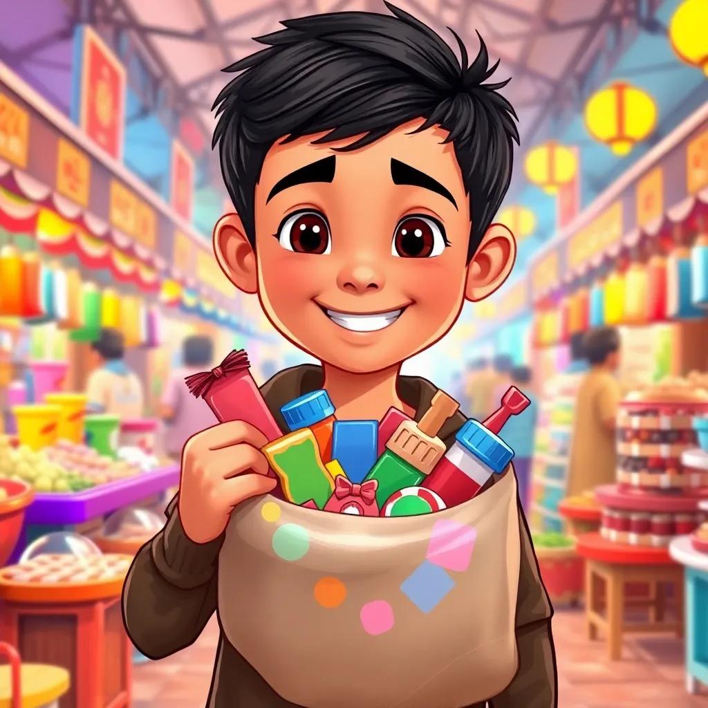 A young Arab boy, Faisal, with short black hair, holding a bag filled with toys and candies, smiling brightly in a bustling market with colorful stalls, cheerful atmosphere, vibrant colors, high-quality illustration, joyful and engaging view