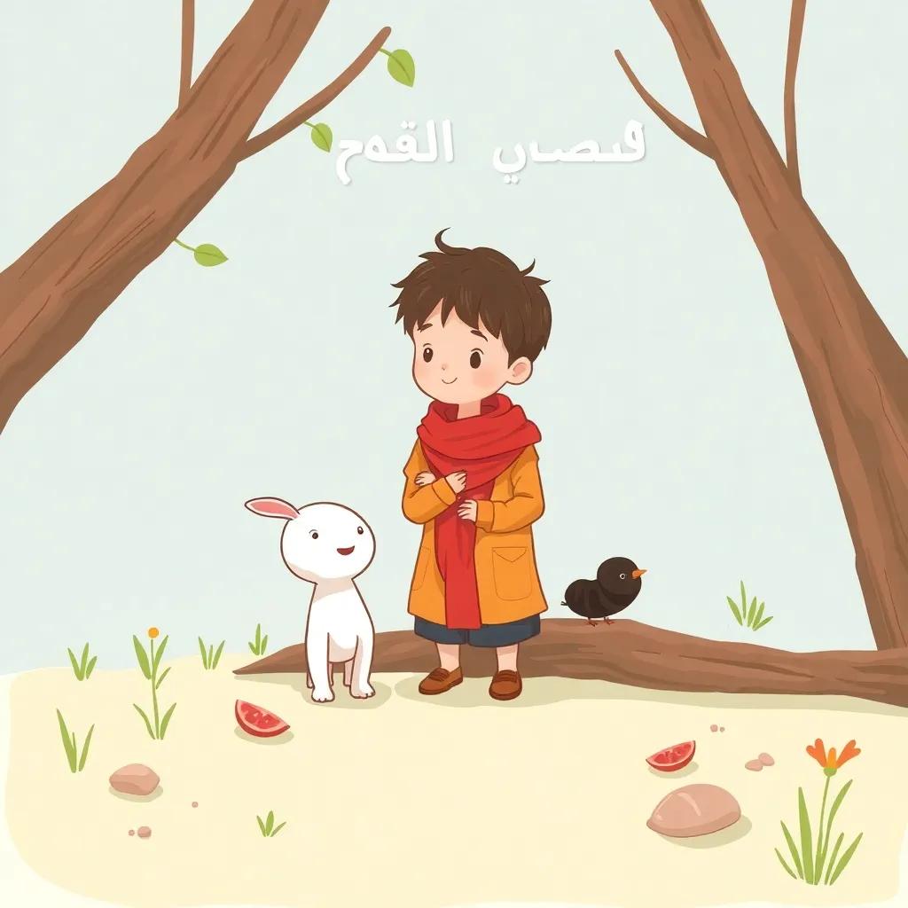 فيصل، طفل صغير عمره خمس سنوات، يرتدي نظارات، يقف مبتسمًا أمام روضة الأطفال الملونة، الأشجار الخضراء تحيط بالمكان، ضوء الشمس يضيء، فن رقمي، ألوان زاهية، عالية الجودة