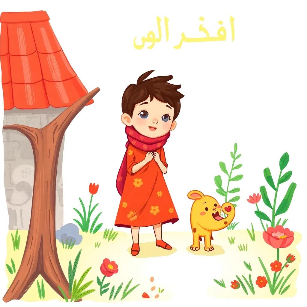 عبودي، ابن خالة فيصل، يضحك بحماس في الروضة، يروي نكتة للأطفال، ضحكاتهم تملأ الجو، فن رقمي، ألوان دافئة، مناظر طبيعية جميلة لنشاط الأطفال