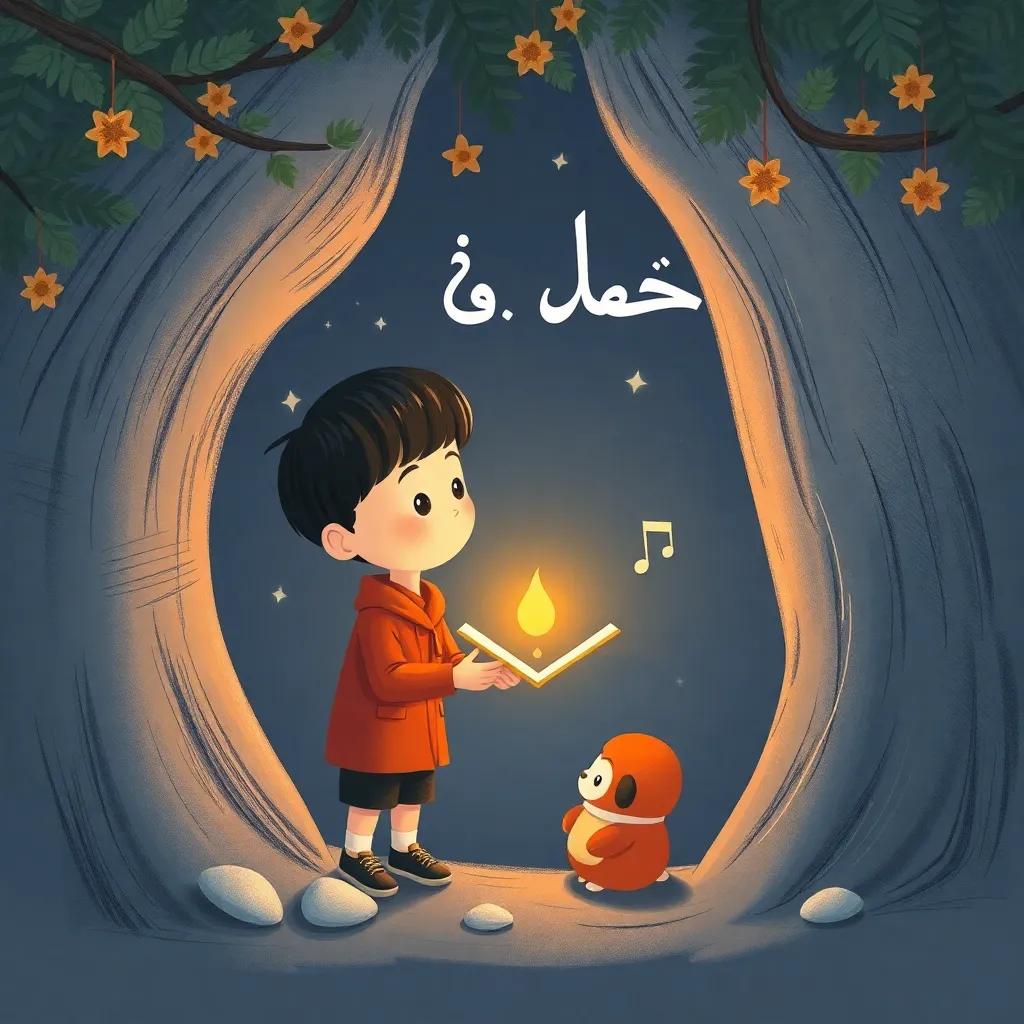 فيصل يحلم بأن يصبح معلمًا، يجلس في غرفة نومه مع دفتر وألوان، خياله ينطلق في التعلم، فن رقمي، تفاصيل دقيقة، أجواء سحرية