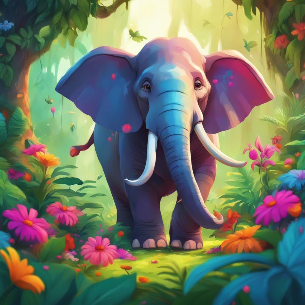 A large elephant named Flo, standing in a vibrant jungle with lush green trees and colorful flowers around him, cheerful look, digital art, bright colors, joyful atmosphere, high quality