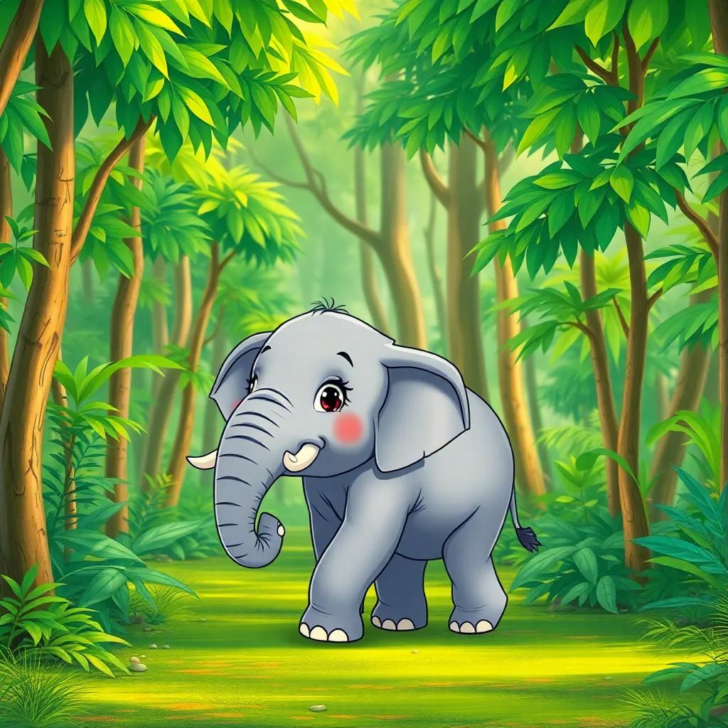 A lonely elephant, walking through a vibrant green forest, looking hopeful, cartoon style, lush greenery, bright colors, cheerful atmosphere, playful tone, high quality