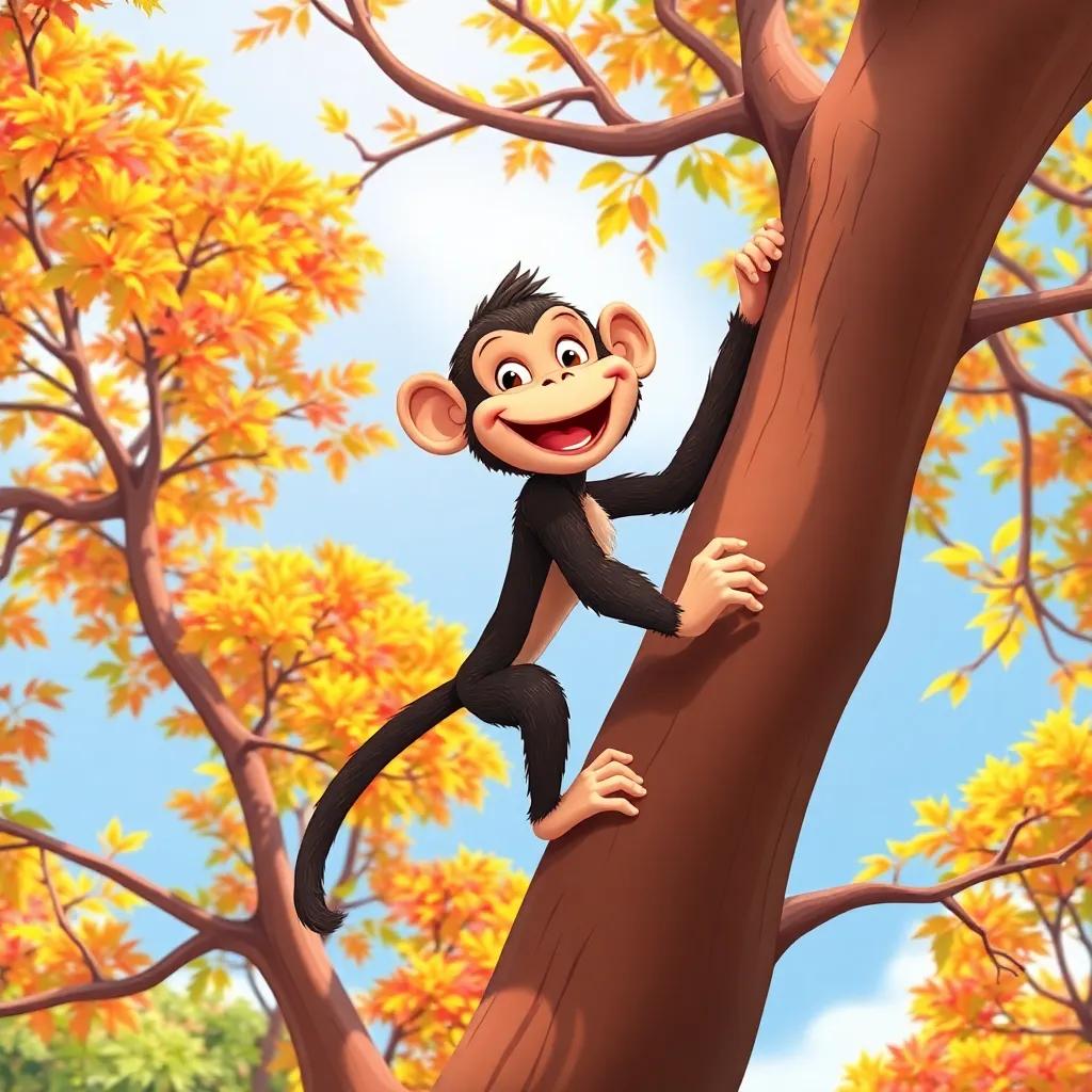 A happy monkey climbing a tall tree, with a big smile, branches swaying, cartoon style, colorful leaves, sunny day, vibrant colors, joyful perspective, high quality