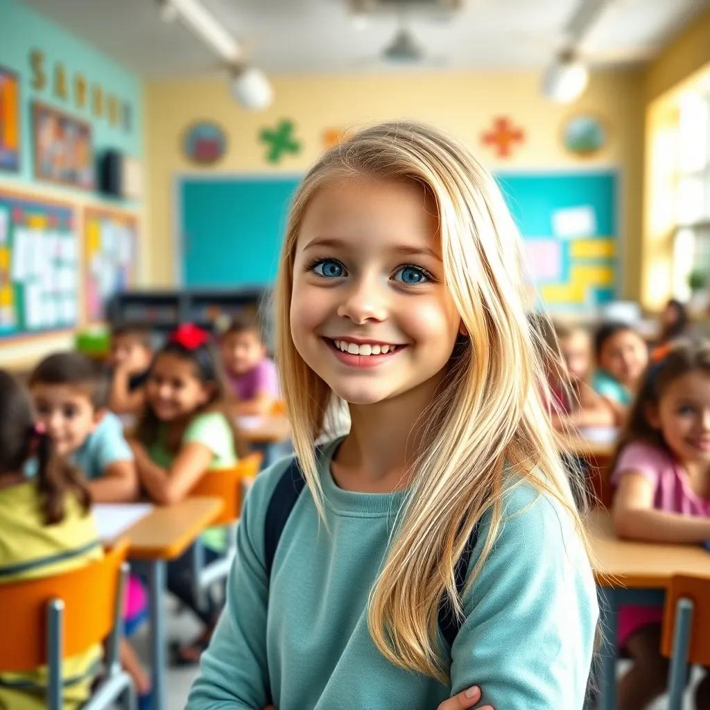 A beautiful blonde girl with blue eyes smiling and greeting her classmates in a school classroom, colorful decor and friendly atmosphere, digital art, bright colors, cheerful vibe, high quality