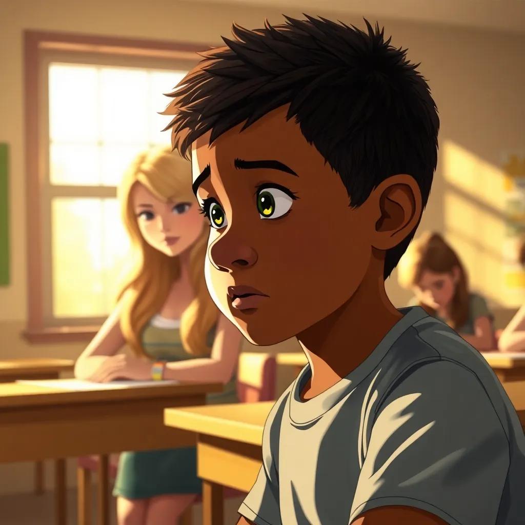 A shy brown-skinned boy with a slightly large nose looking nervously at the beautiful blonde girl in the classroom, bright sunlight coming through the window, detailed digital illustration, warm colors, emotional and heartfelt scene