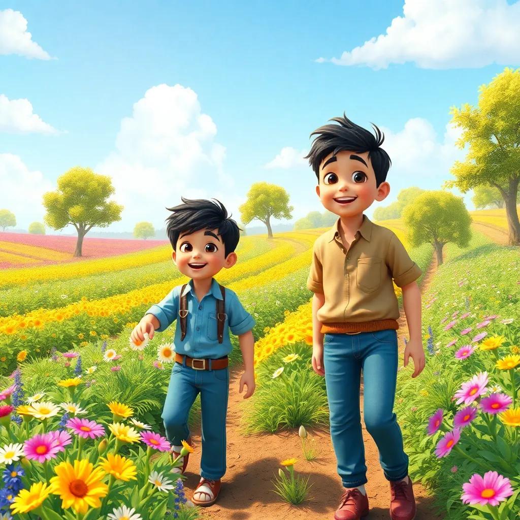A sunny day in a colorful farm field, with trees and flowers, two boys, one named Adel with short black hair and wearing a simple shirt and jeans, working joyfully, digital art, bright colors, warm atmosphere, high quality