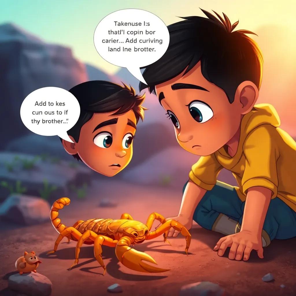 Adel looking at a small scorpion near him, feeling curious but cautious, with his brother standing nearby warning him, detailed illustration, vivid colors, engaging atmosphere, child-friendly